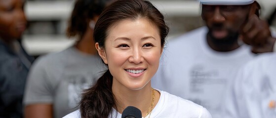 Smiling young woman holds a microphone while delivering a speech to an enthusiastic crowd at sunset in a lively stadium