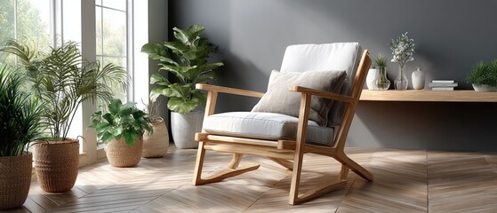 Obraz premium Spacious room showcases minimalist design with wooden flooring, plants in pots, and a white fabric banner, all under a bright sunlight