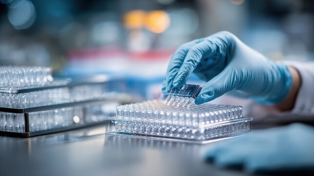 Closeup medium shot featuring a lab technician preparing PCR plate for polio virus wastewater analysis with the surrounding environment faded in blur behind.