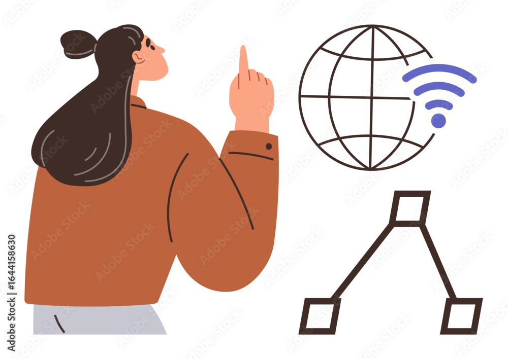 Poster woman pointing upward with a globe and wireless signal alongside a connected node structure. ideal f