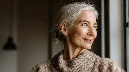 smiling confident mature woman standing indoors looking at window stylish elegant middle aged senior 60s grayhaired lady thinking of good future vision enjoying wellbeing dreaming at home no logos no