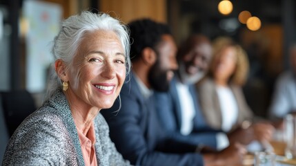 senior older female executive ceo and happy multicultural business people discuss corporate project at boardroom table smiling diverse corporate team working together in modern meeting room office no