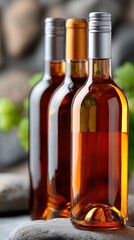 Obraz premium Three brown glass wine bottles stand out on a production line, showcasing the precision of the factory's manufacturing process