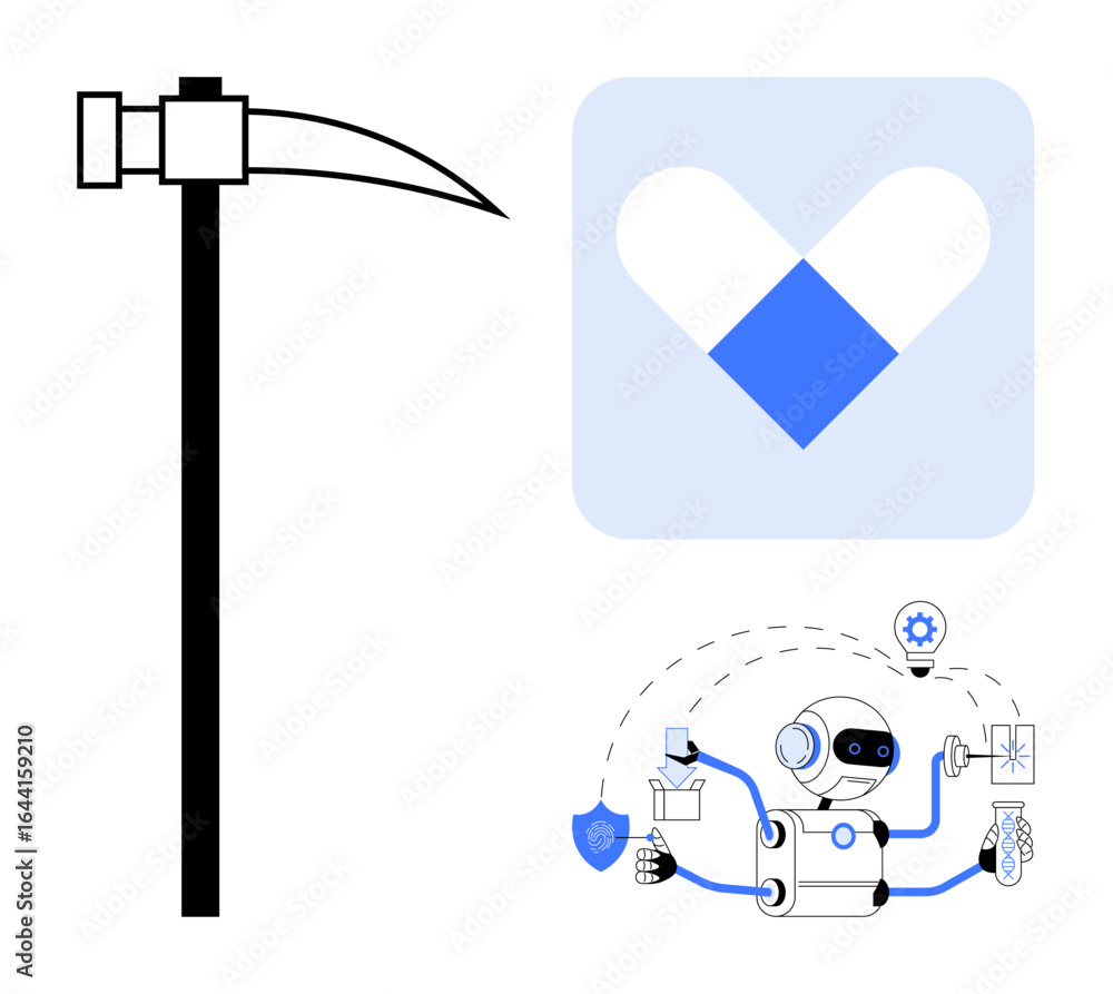 Poster pickaxe for work, heart-shaped tech logo, robot managing tools and data. ideal for innovation, techn