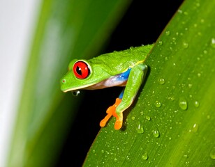 Red-eyed tree frog on a wet leaf