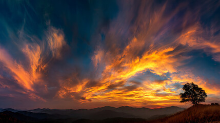 Fiery sunset clouds illuminate mountain landscape with solitary tree orange yellow
