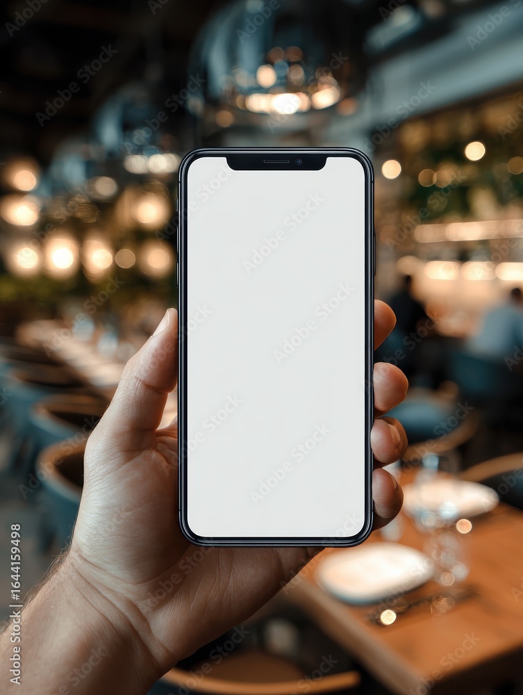 Poster a hand holding a smartphone with a white blank screen at a restaurant lifestyle concept insert your 