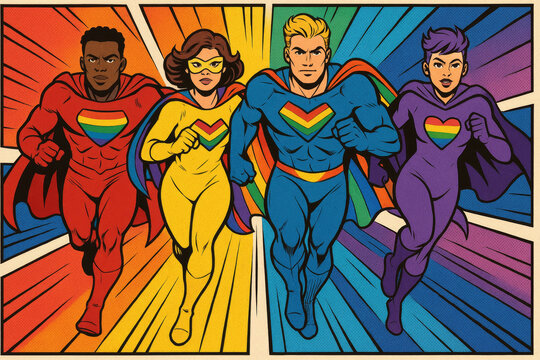 Dynamic pop art depiction of LGBTQ+ superheroes in bold rainbow-themed suits, representing strength, equality, and solidarity
