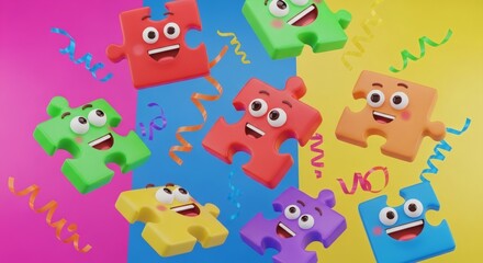 Colorful puzzle pieces with cartoon faces and confetti floating in a vibrant background design