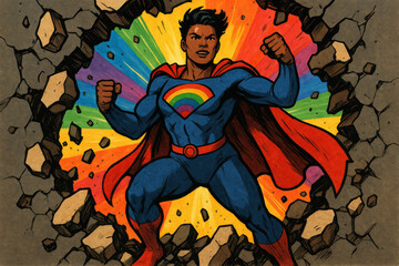 Dynamic pop art depiction of a powerful LGBTQ+ hero breaking barriers with rainbow pride colors, representing courage, liberation, and empowerment