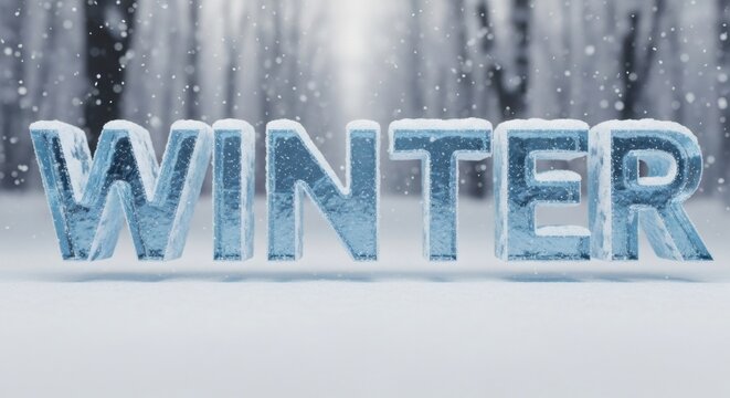 Ice letters spelling winter with snow falling in a wintery forest background scene in cold colors