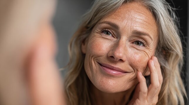 happy 50s middle aged woman model touching face skin looking in mirror reflection smiling mature old lady pampering healthy moisturized skin care aging beauty skincare treatment cosmetics concept no  - Powered by Adobe