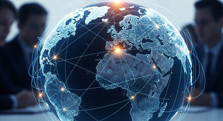 Global network with connecting lines and bright spots with business people in background