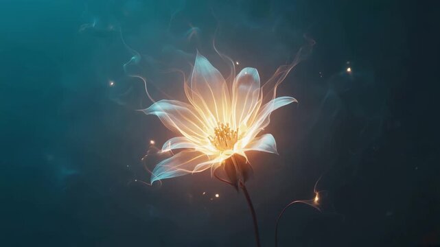 Golden flower in bloom with glowing light particles surrounding it.