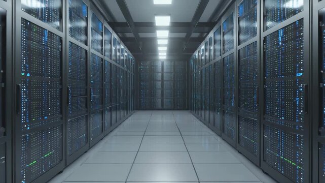 Bright corridor of a modern data center with rows of server racks.