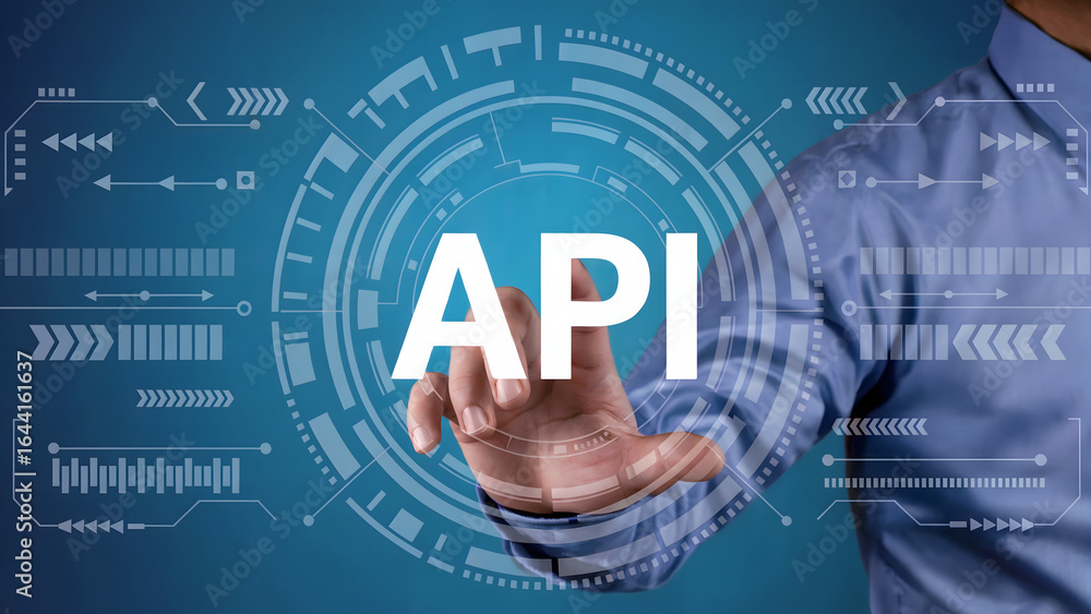 Poster digital illustration of a person's hand touching a futuristic interface with the acronym api surroun