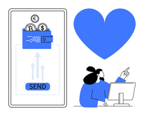 Coins, wallet, and Send button on a smartphone screen. Woman pointing at a monitor. Large heart icon. Ideal for fintech, mobile transactions, currency transfer, online services customer support