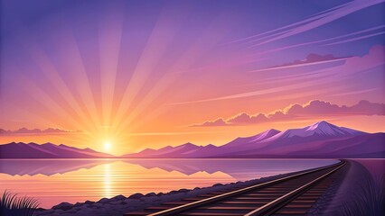 Dramatic sunrise over tranquil lake with snow capped mountains and railroad tracks leading into the distance