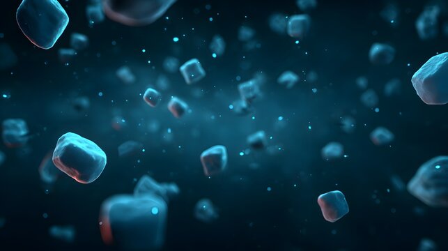 Abstract digital illustration of many small cubic objects in motion.