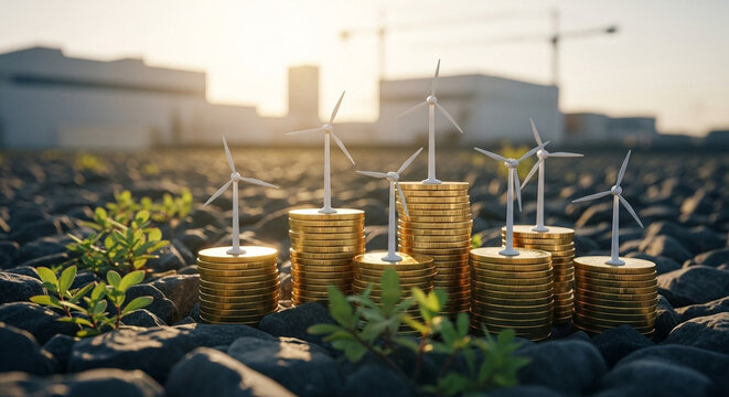 Wind turbines on stacks of coins among rocks representing investment in renewable energy sources