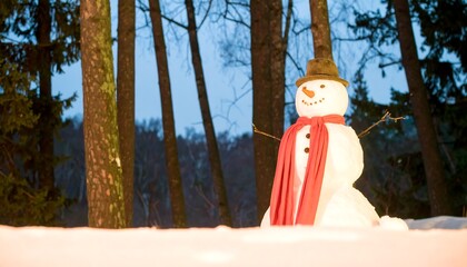 Obraz premium Snowman in snowy forest at twilight