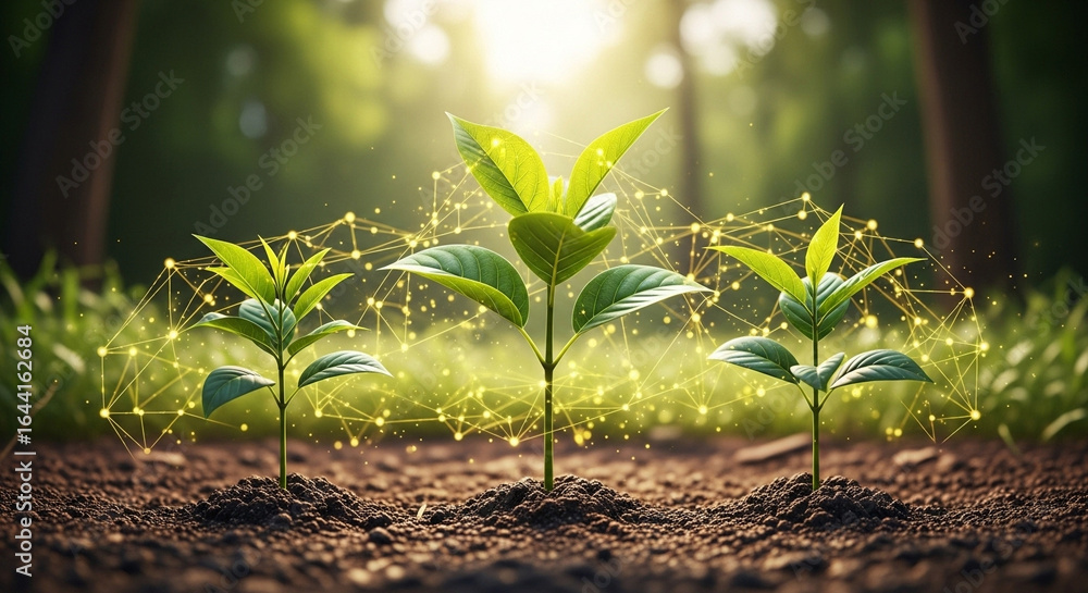 Poster three seedlings growing in soil with a glowing network connecting them in a forest setting