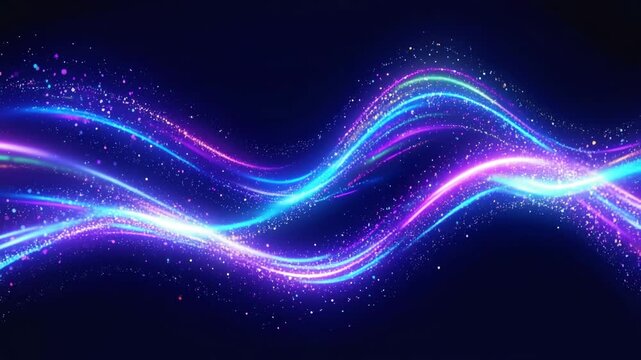 Smooth moving neon light waves in blue and pink colors on a dark background.