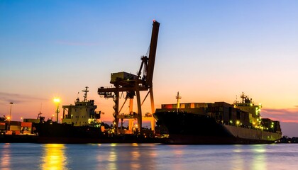 Obraz premium Silhouette of cargo ship, cranes, and harbor at sunset