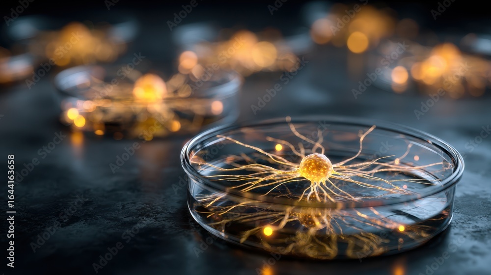 Poster laboratory medium shot of programmable gene silencing on neuron clusters detailed neuronal networks 