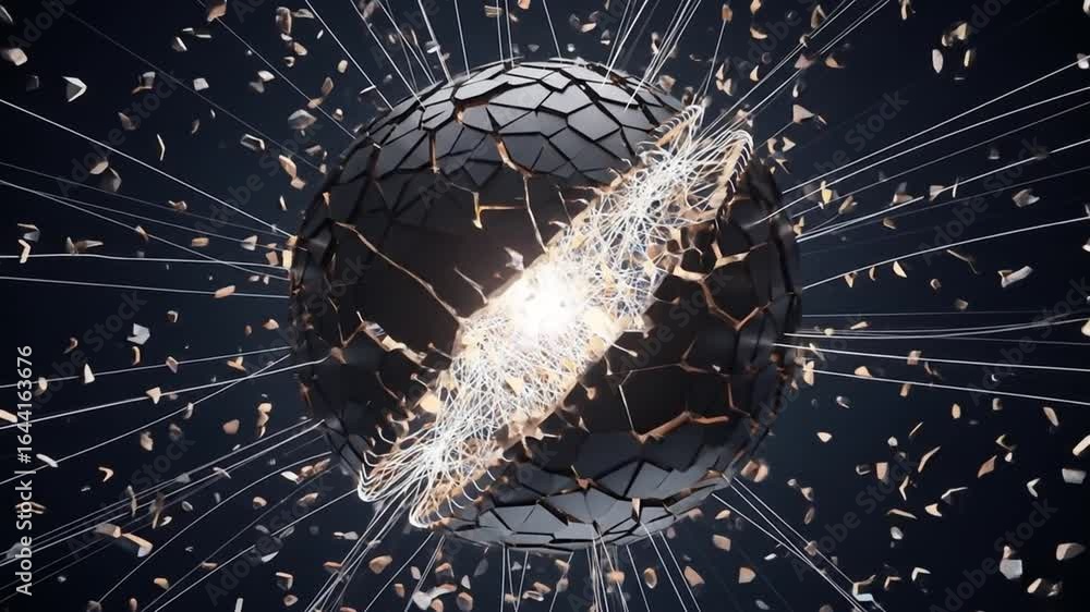 Poster abstract dark shattered sphere with explosive fracture effect in digital style with dotted lines and