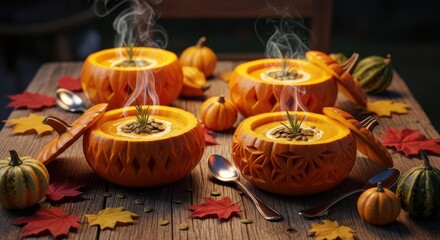 Naklejka premium Cozy Autumn Harvest Soup Served in Festive Pumpkin Bowls