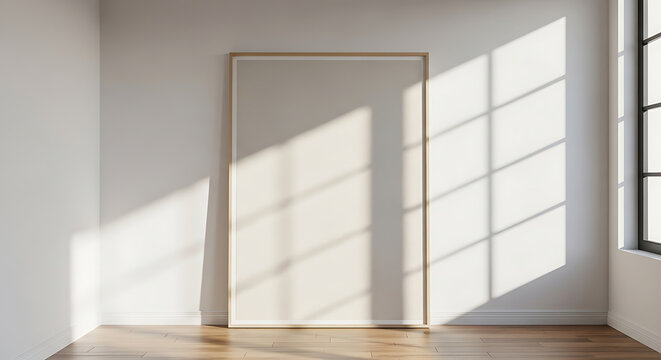Blank vertical poster frame mockup leaning on a white wall in a sunlit empty room with window shadows on the floor.