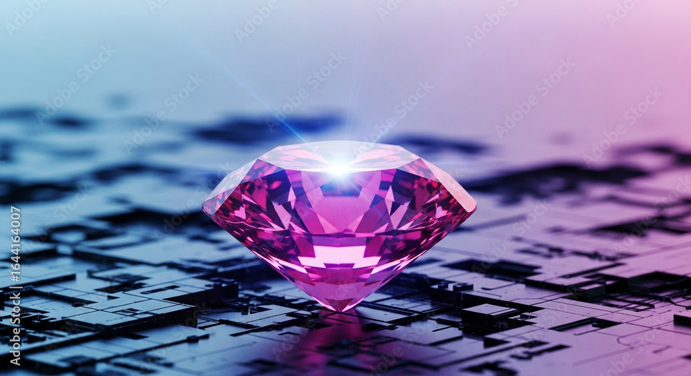 Fototapete a digitally rendered pink diamond with a light source on a dark tech patterned background design ele