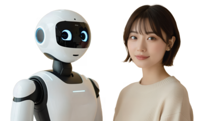 A woman standing next to a white and gray humanoid robot friend on transparent background