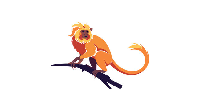 Golden lion tamarin primate sitting on a tree branch in a forest environment