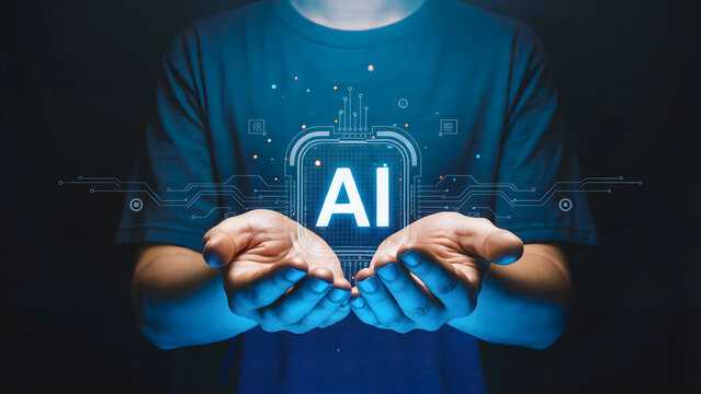 Digital illustration of a person's hands holding a glowing AI icon, representing a futuristic concept of artificial intelligence.