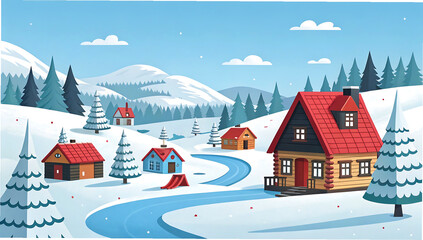 Cozy winter village with snowcovered cabins and pine trees