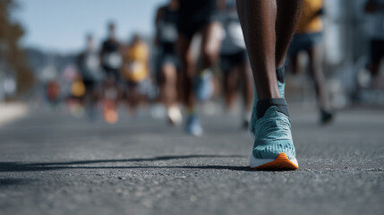 A group of men marathon runners in motion during a road race, focus on athletic legs and running shoes in the foreground, blurred background with other runners