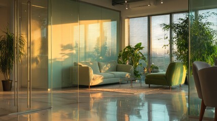 Sunset Serenity: Modern Office Lounge with Glass Walls and Lush Greenery