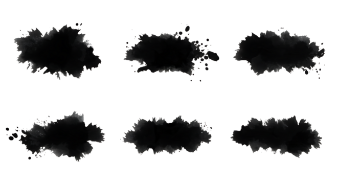 Six black ink splatter brush strokes isolated on transparent background