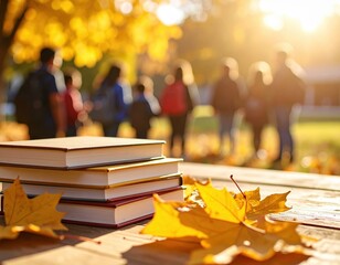 Autumn study session: books on table with diverse group in sunny park