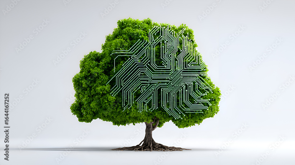 Aufkleber a lush green tree with an intricate circuit board pattern embedded within its leaves and branches, s
