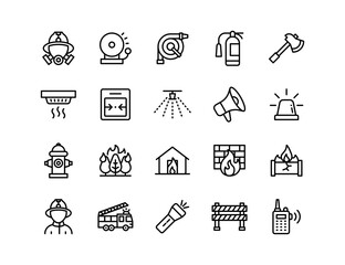 Firefighting Vector Icon Set | Adjustable Line Weight | Firefighter, fire hose, extinguisher, smoke detector, alarm, hydrant, safety, barrier, emergency, sprinkler, ladder, truck icons
