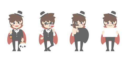 happy halloween holiday festival with boy wearing count dracula vampire costume, flat vector illustration cartoon character design