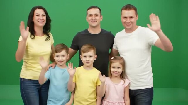 Family waving to the camera, standing together, green chroma background, soft key light, 4K detail.
