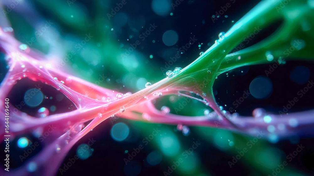 Poster twisting red and green fiber-like strands with glowing particles in a luminous abstract background