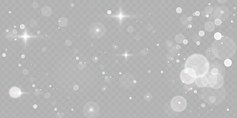 Magical snow swirl with glowing white particles and soft bokeh lights on transparent background. Ideal for winter scenes, Christmas templates, frosty overlays, and festive design projects.