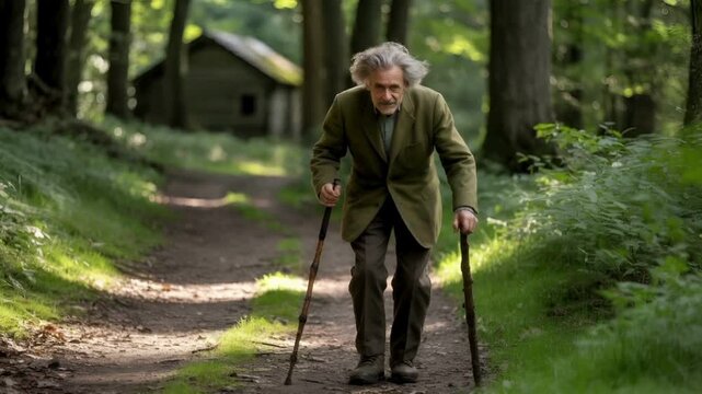 Elderly Man Walking with Walking Sticks on Forest Path