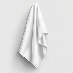 Soft white fabric hangs gracefully against a plain background, emphasizing its elegant texture