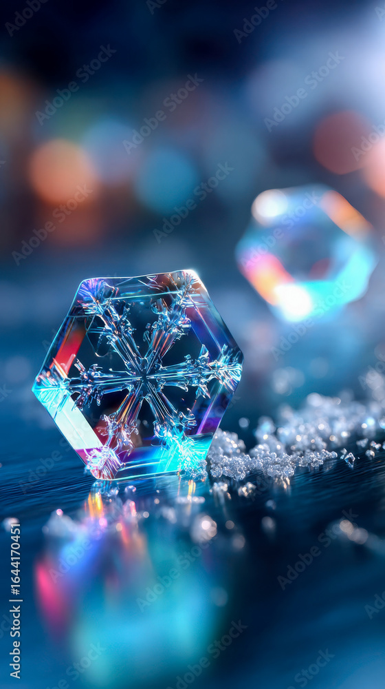 Poster close-up of a transparent snowflake with intricate details, resting on a reflective surface with glo